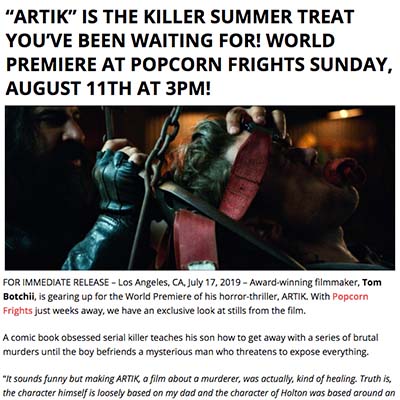 “ARTIK” IS THE KILLER SUMMER TREAT YOU’VE BEEN WAITING FOR! WORLD PREMIERE AT POPCORN FRIGHTS SUNDAY, AUGUST 11TH AT 3PM!
